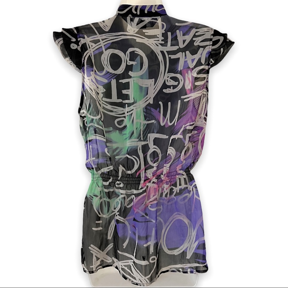 DESIGUAL Sleeveless Ruffle Top Button Front Graffiti Print Semi Sheer Large - Picture 8 of 10